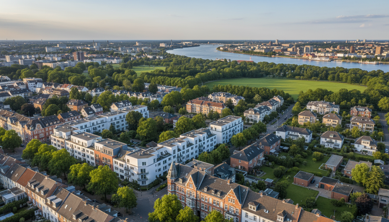 Vogelperspektive: Fluss, Parks und Wohnhäuser.