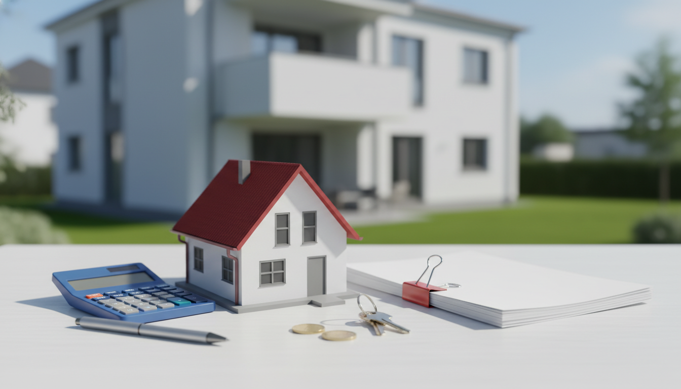 Modellhaus, Taschenrechner, Schlüssel und Unterlagen auf dem Tisch