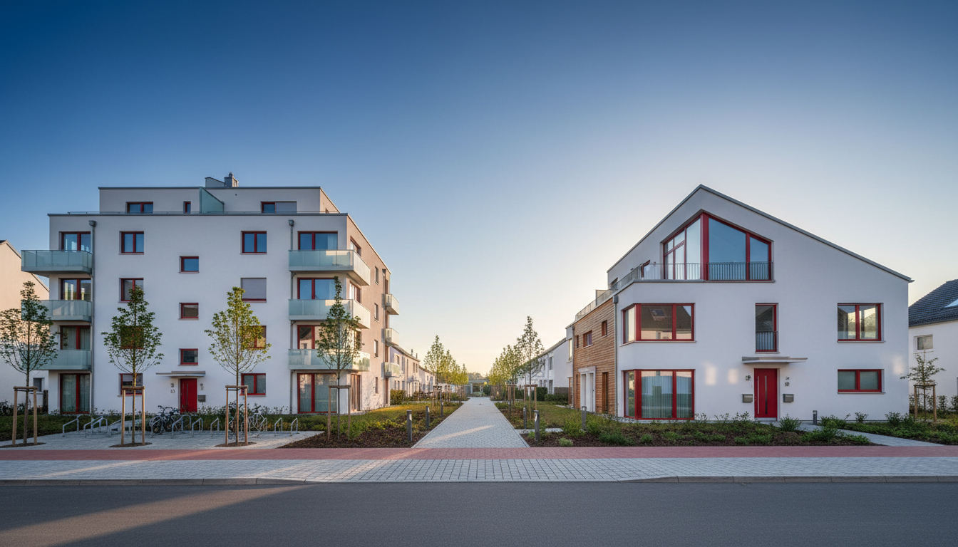 Moderne Wohnanlage mit zwei weißen Gebäuden und Baumallee.