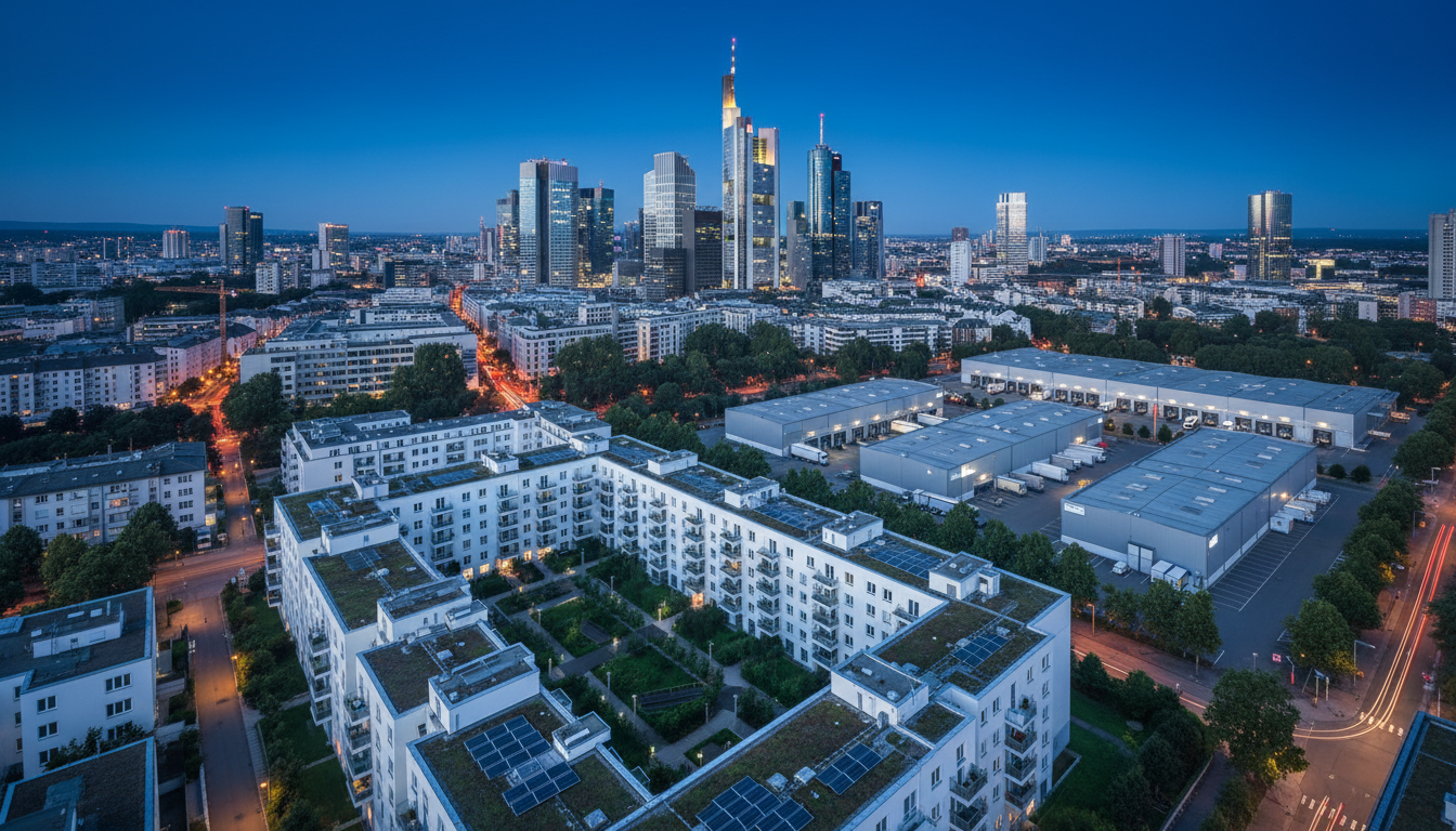 Luftaufnahme einer modernen Stadt mit Dachgärten und Skyline