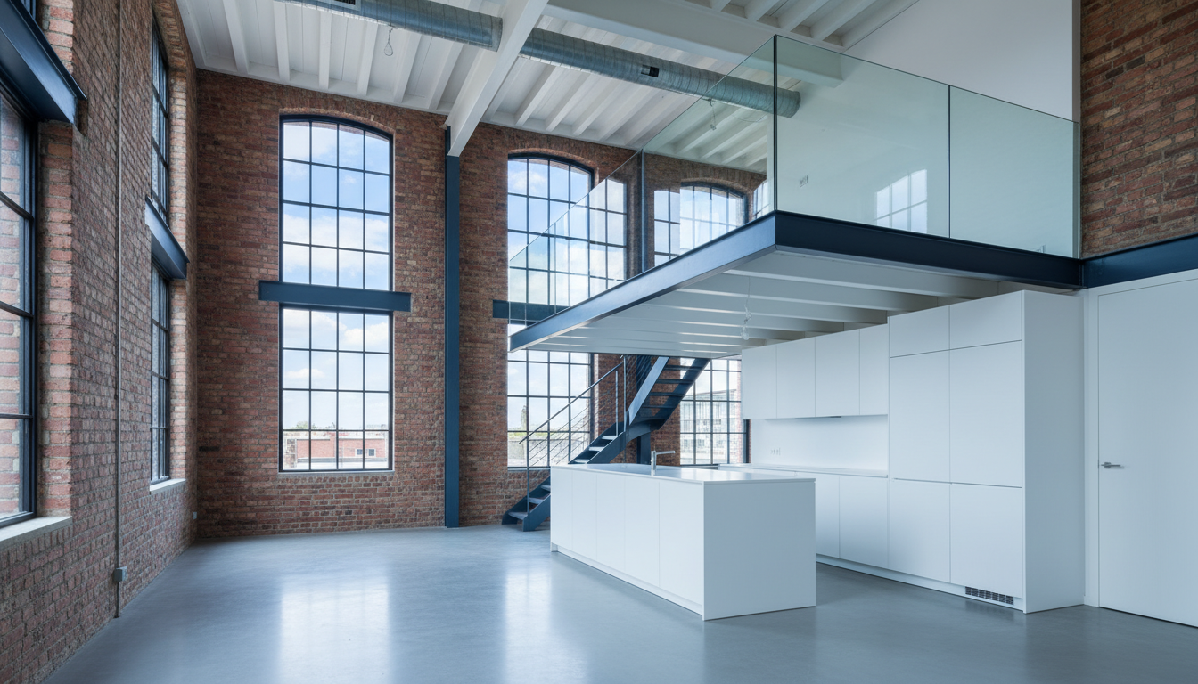 Offener Industrie-Loft mit weißer Küche und Glasgeländer