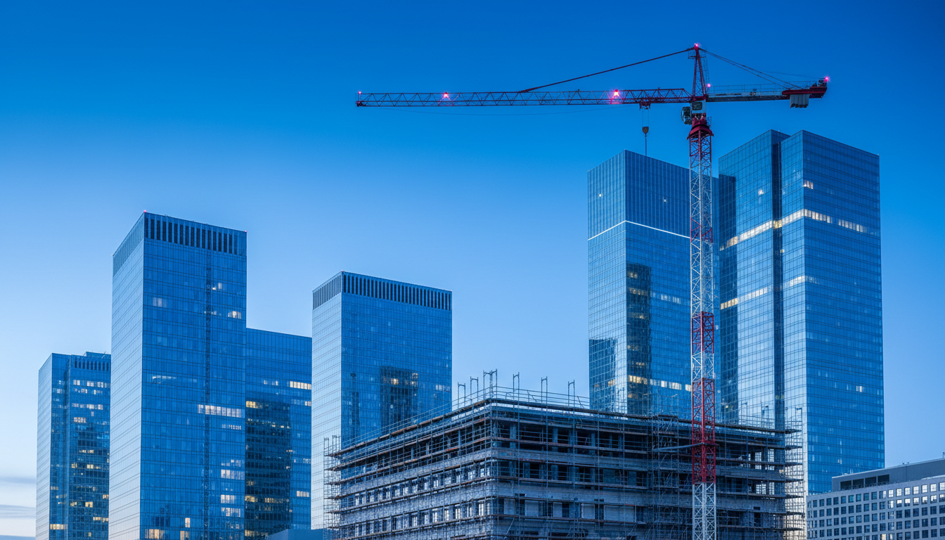 Baustelle mit Kran vor blauen Glashochhäusern