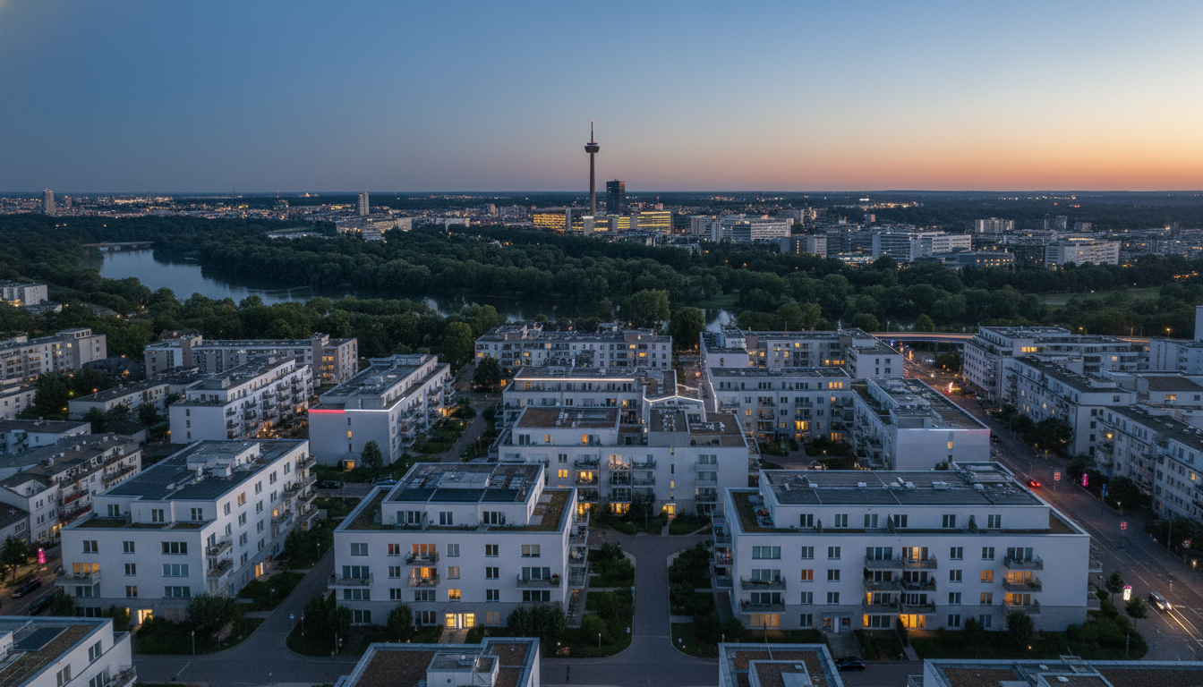 Luftaufnahme weißer Wohnblocks, Fluss und Bäume vor Skyline bei Sonnenuntergang.