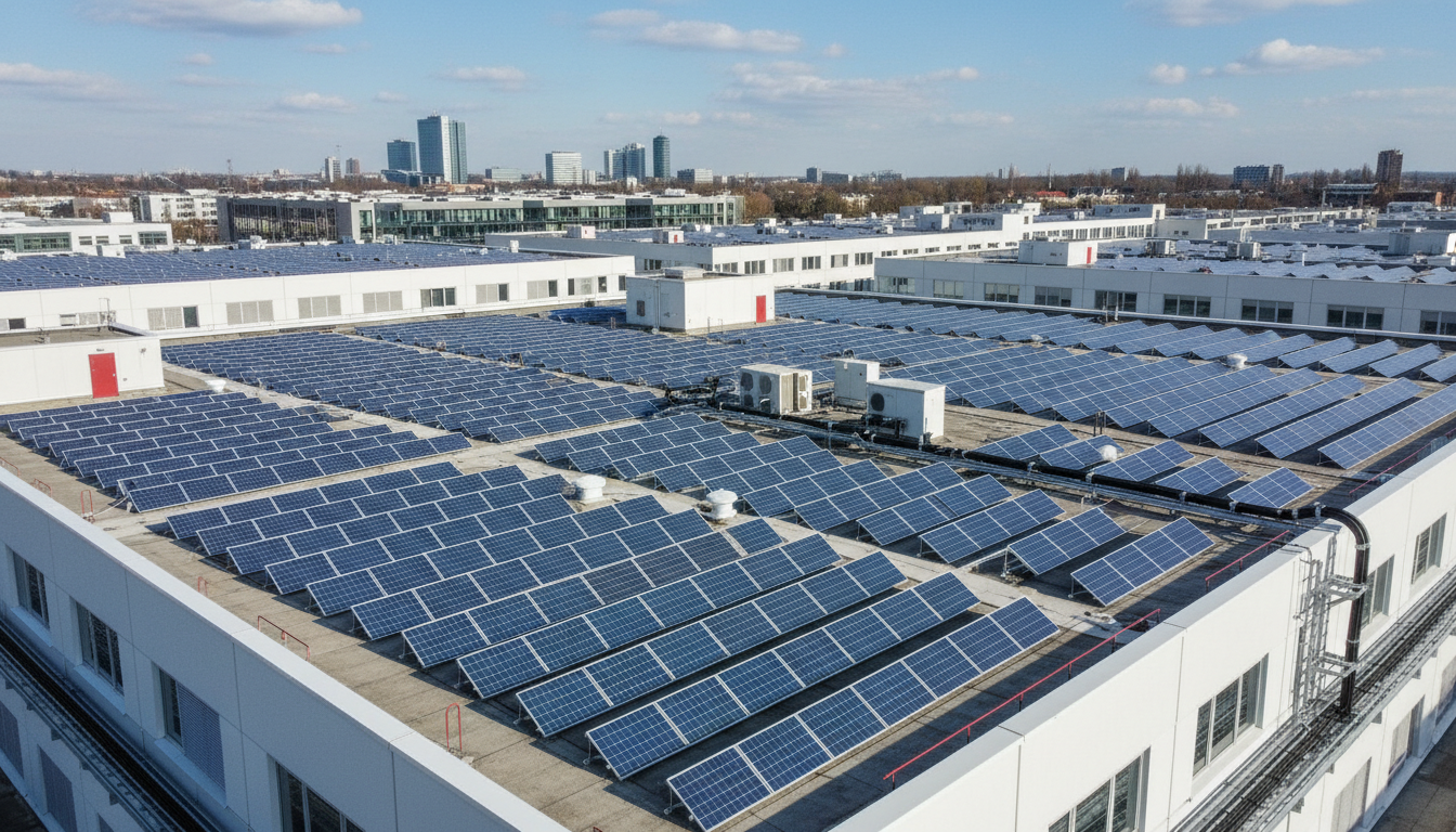Dachfläche einer Industrieanlage mit vielen Solarpanelen.