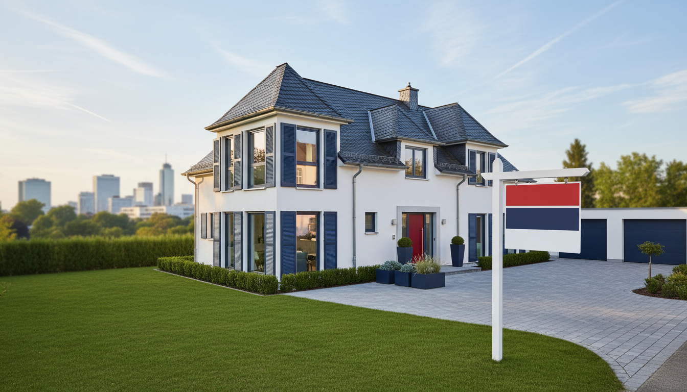 Alt text (German, 5-12 words): Title: featured-550487. Weißes Einfamilienhaus mit blauen Jalousien und Verkaufs-Schild