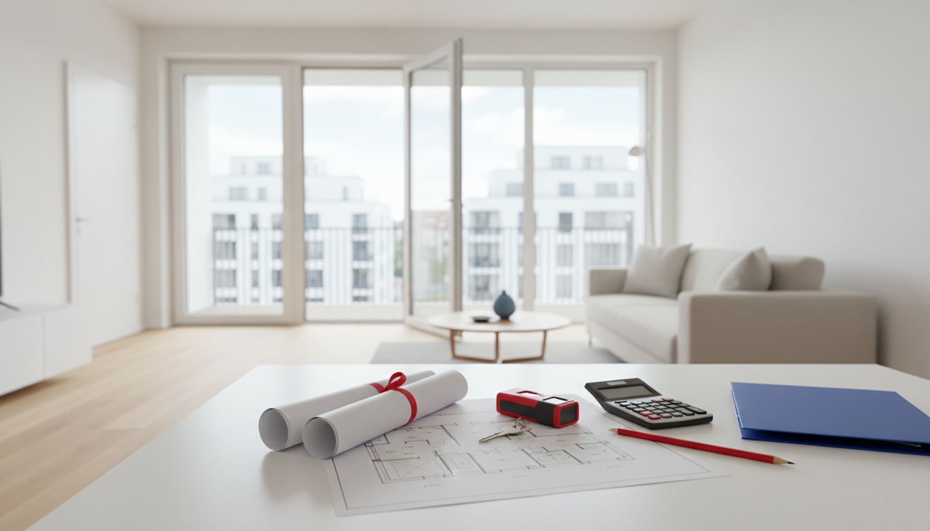 Architekturpläne, Messgerät und Ordner auf modernem Wohnzimmertisch.