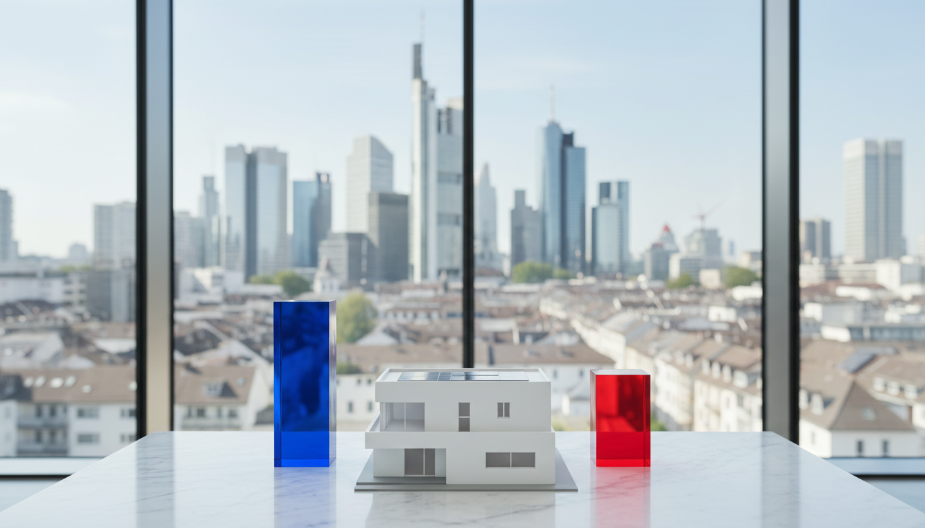 Architekturmodell vor Stadtsilhouette, blaue und rote Glaswürfel