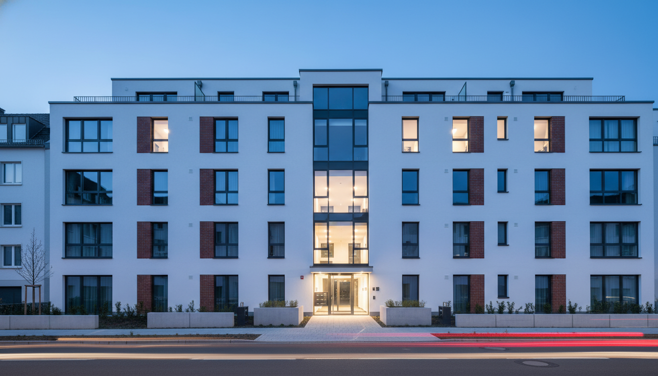 Moderne weiße Wohnanlage mit zentraler Glasfassade