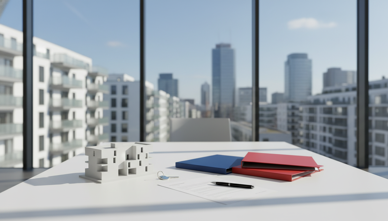 Architekturmodell, blaue und rote Ordner, Stift auf Schreibtisch.