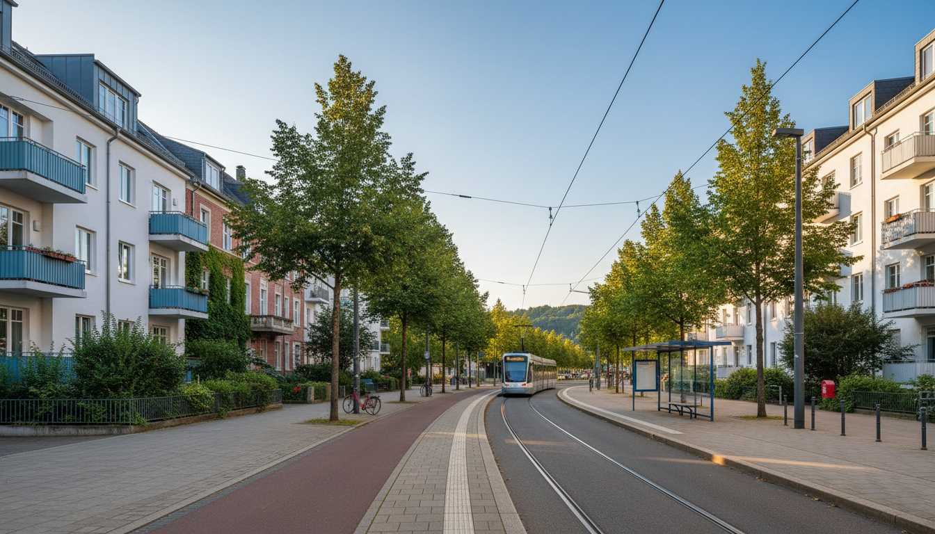 Straßenbahngleise zwischen Bäumen und Wohnhäusern.