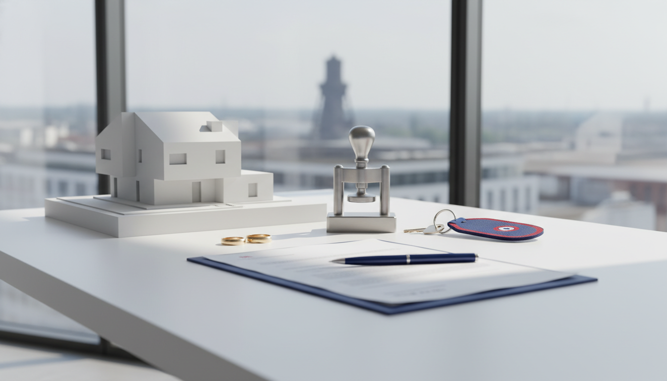 Weißes Modellhaus, Stempel, Münzen und Dokumente auf dem Schreibtisch.