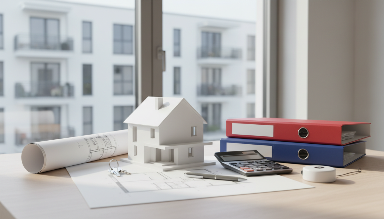 Modellhaus mit Bauplänen und Ordnern auf dem Schreibtisch