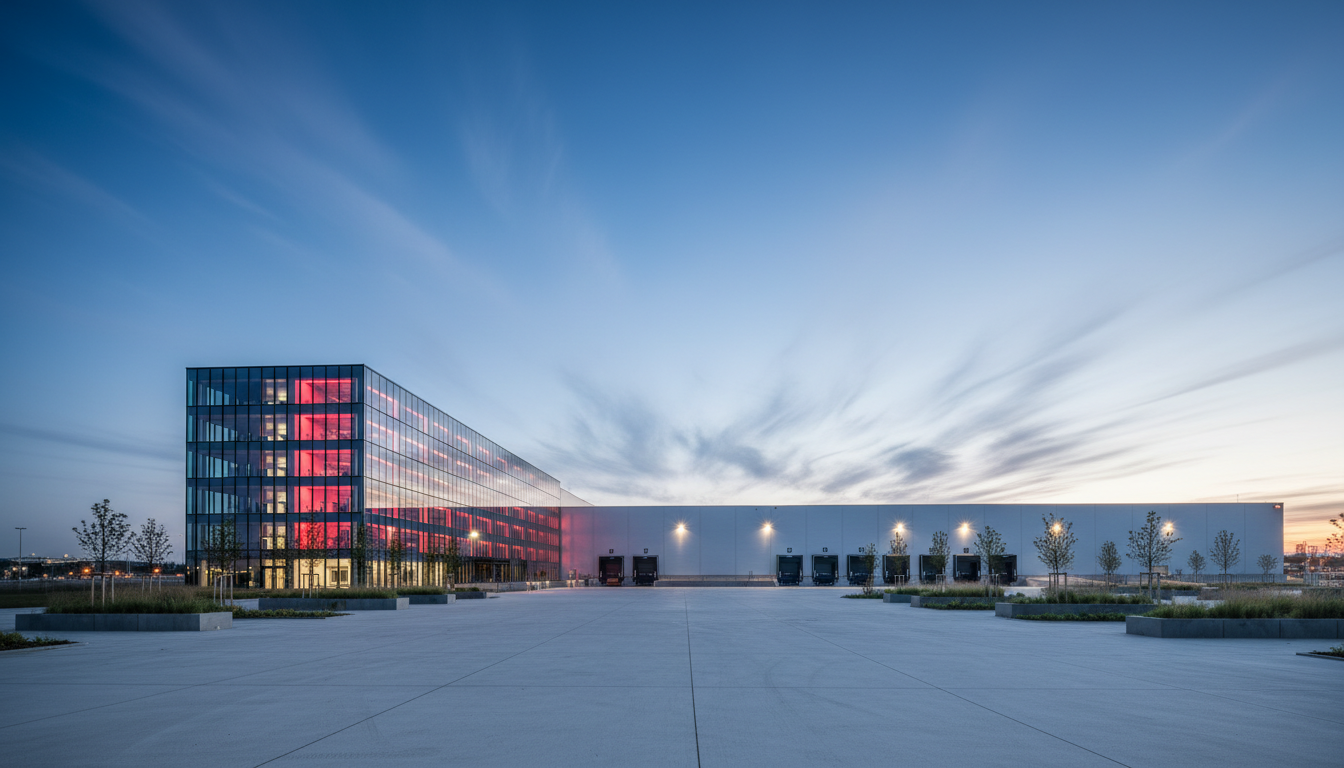 Modernes Glasgebäude neben Lagerhalle bei Dämmerung