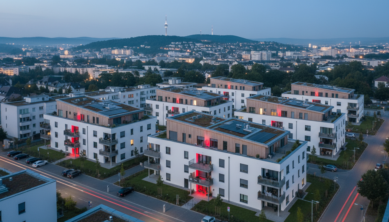Luftaufnahme einer modernen Wohnanlage mit weißen Gebäuden.