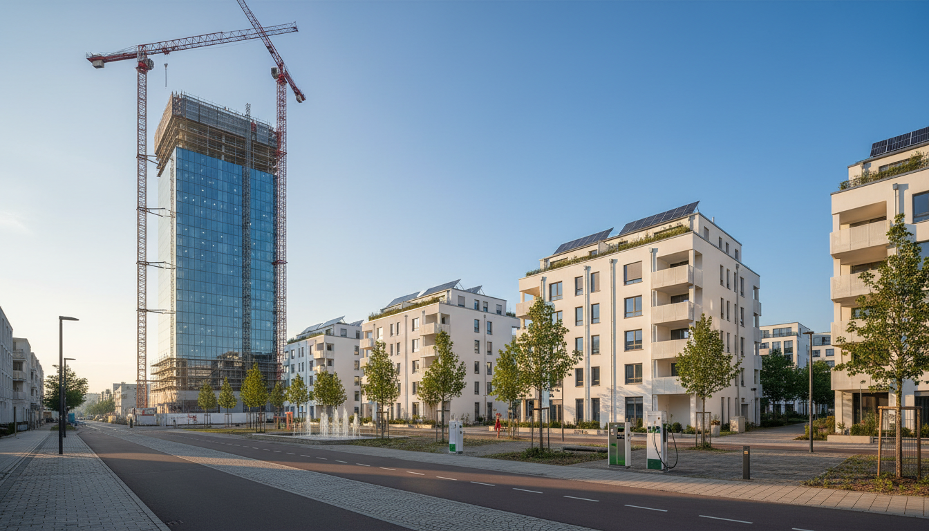 Hochhausbaustelle mit Kranen neben weißen Wohnhäusern.