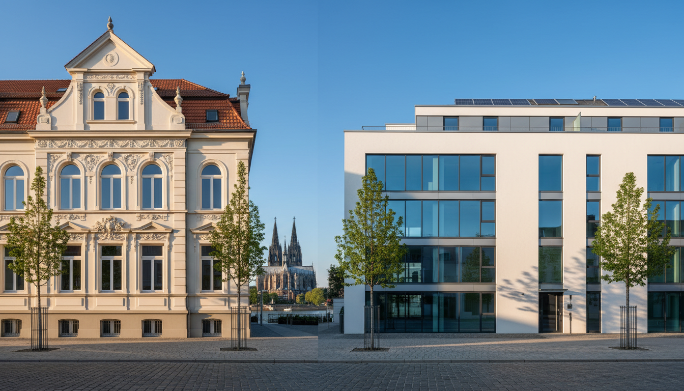 Historische Fassade links, modernes Gebäude rechts, Dom im Hintergrund.