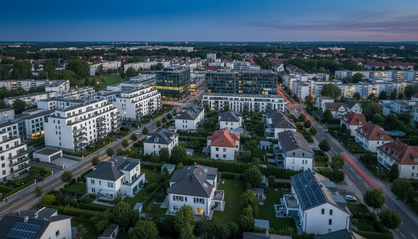 Luftaufnahme eines modernen Wohnviertels mit Grünflächen.