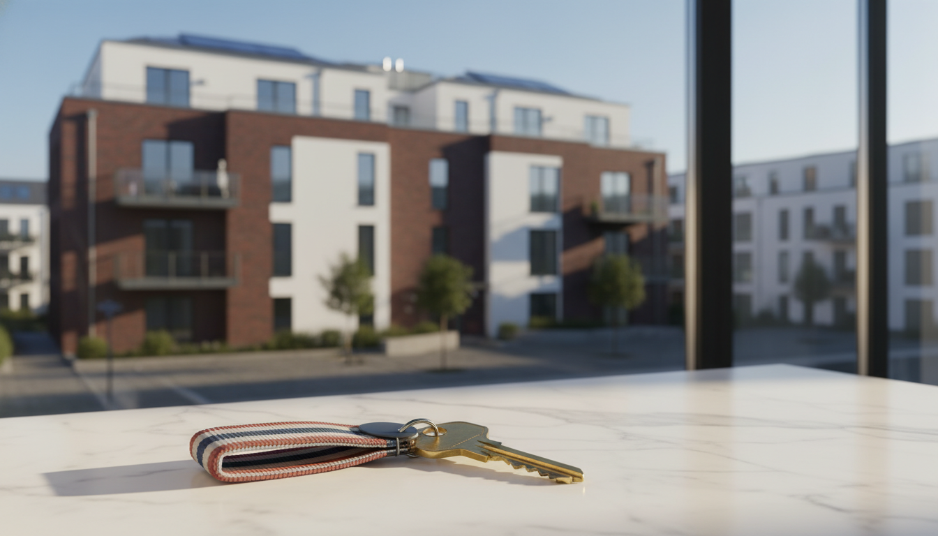 Schlüssel mit Schlüsselband liegt auf Tisch, Häuser im Hintergrund