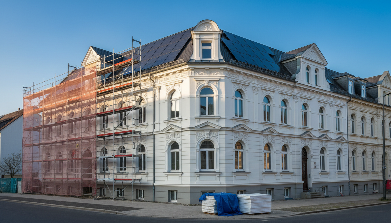 Historisches Gebäude mit Gerüst und Bauarbeiten an der Fassade