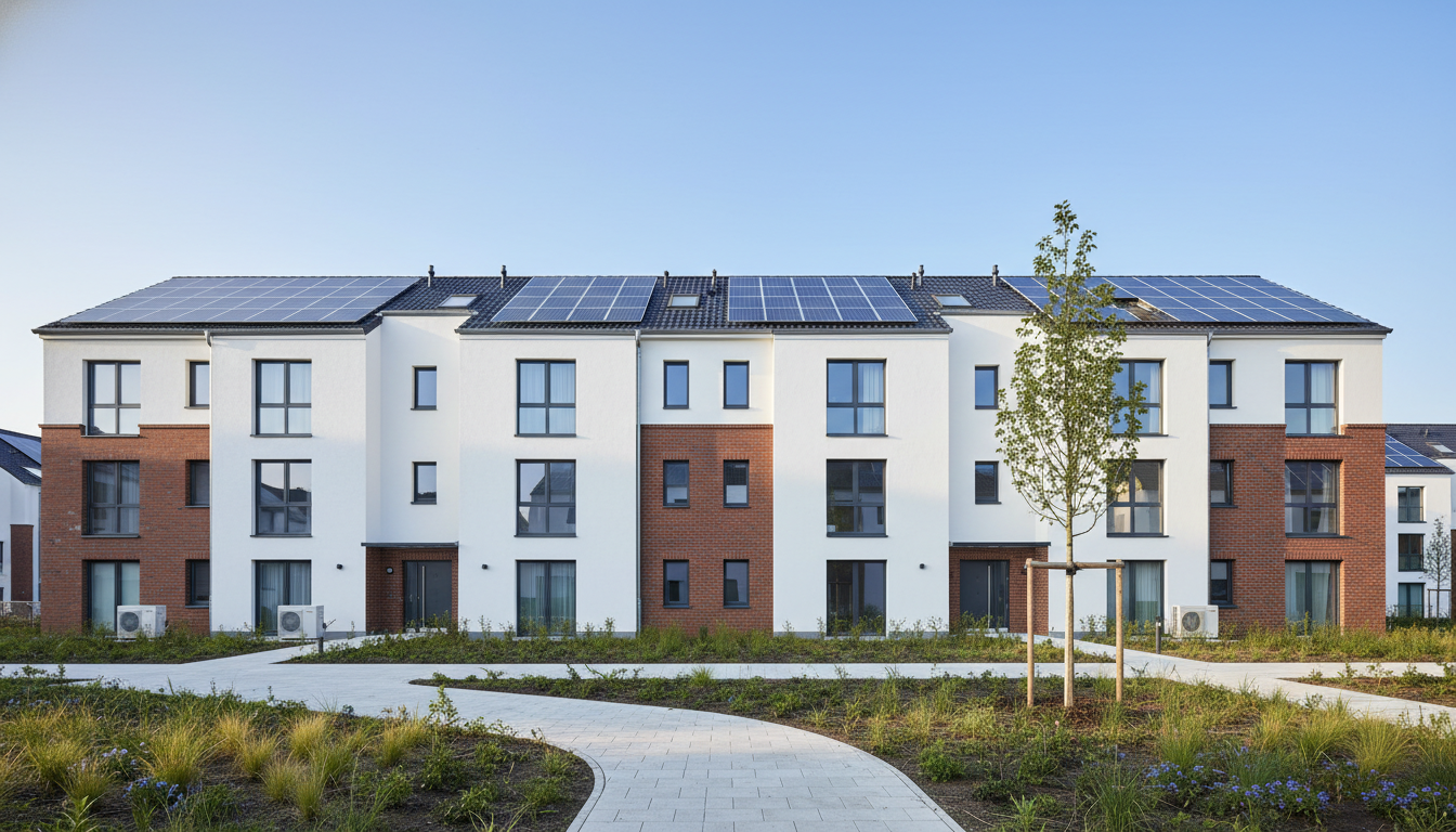 Moderne Wohnanlage mit Solardächern und gepflegtem Innenhof.