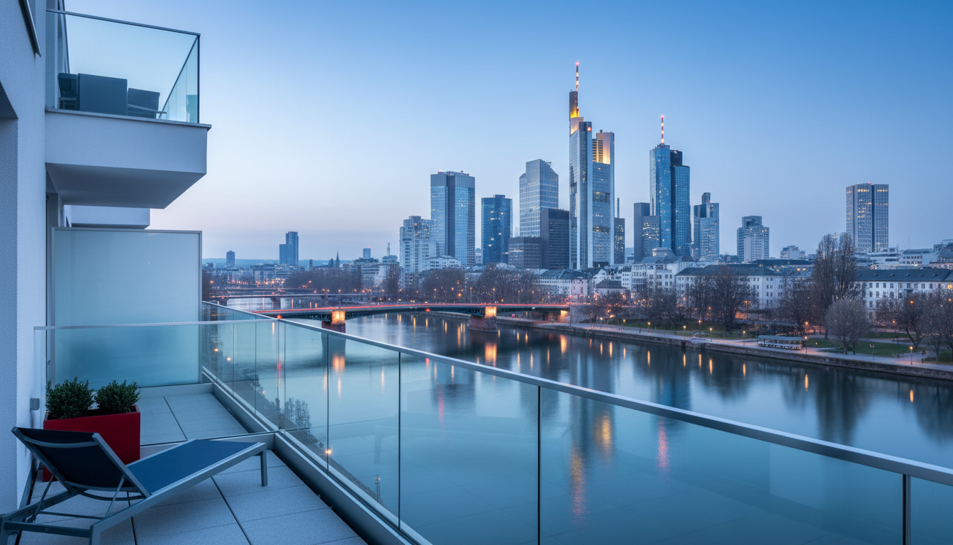 Balkon mit Glasgeländer und Blick auf Fluss und Skyline