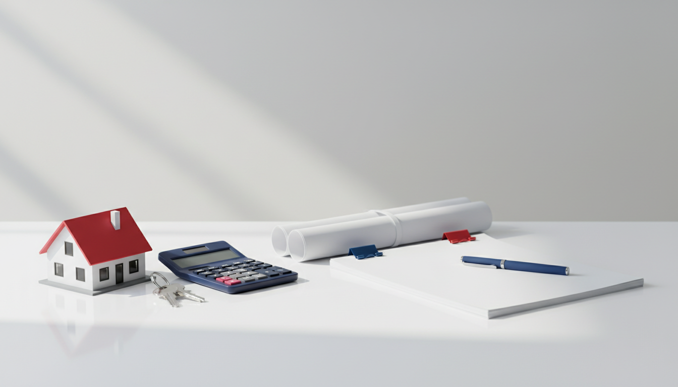 Modellhaus, Schlüssel, Taschenrechner und Baupläne auf dem Schreibtisch.