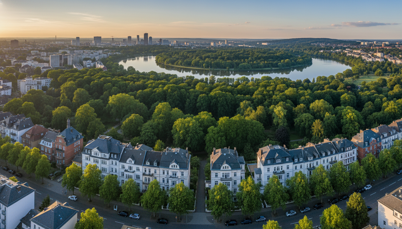 Luftaufnahme eines grünen Stadtparks am Fluss