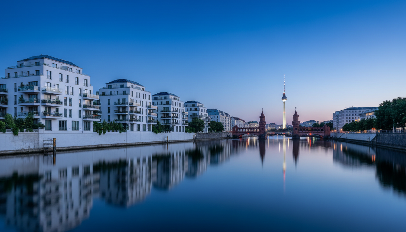 Moderne weiße Wohnhäuser am Fluss, Oberbaumbrücke und Fernsehturm.