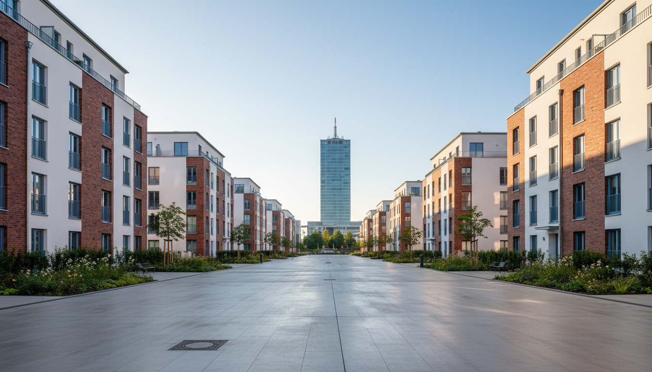 Moderne Wohnblocks flankieren einen breiten Platz, zentraler Turm sichtbar.
