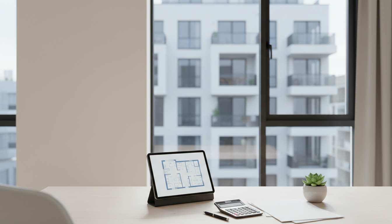 Tablet mit Grundriss, Taschenrechner und Pflanze am Schreibtisch