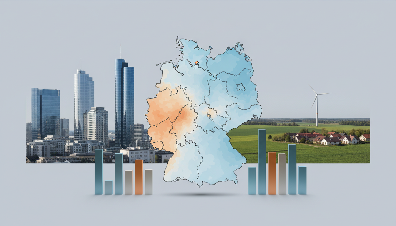 Deutschlandkarte, Skyline, Windturbine und Balkendiagramme.