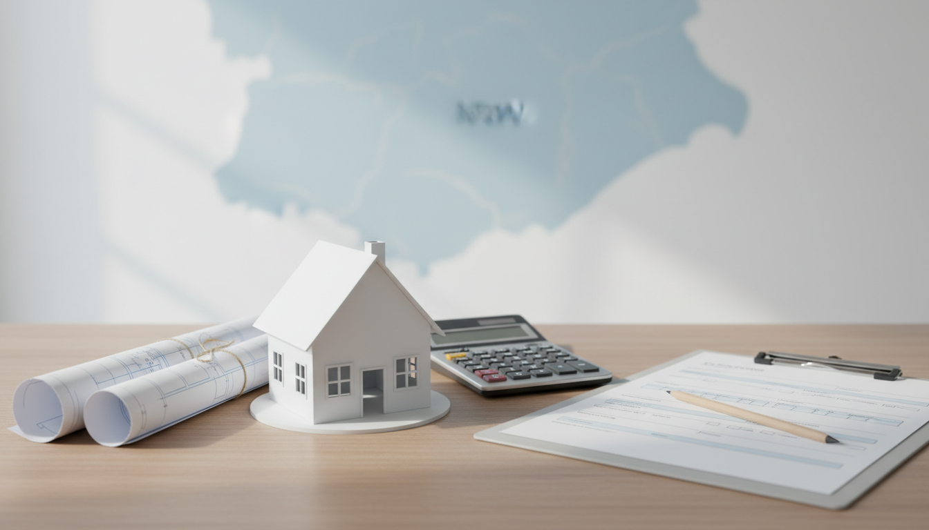 Miniaturhaus, Baupläne, Taschenrechner und Unterlagen auf Schreibtisch.