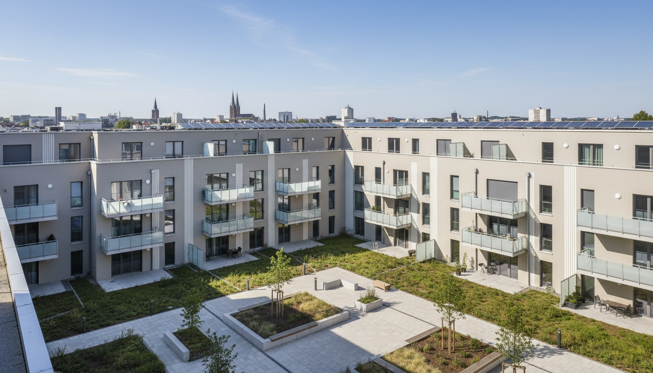 Moderne Wohnanlage mit Innenhof, Grünflächen und Balkonen.