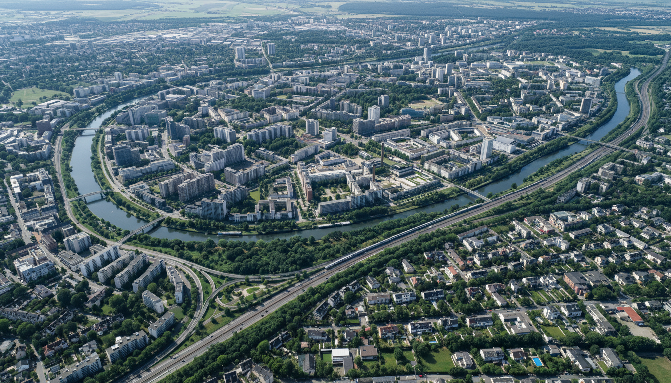 Luftaufnahme einer Stadt mit Flusskurve und Brücken.
