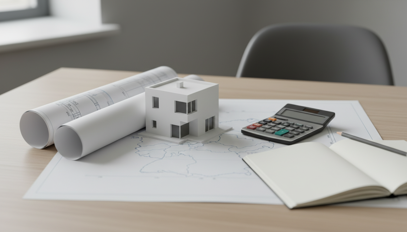 Kleines Hausmodell, Baupläne, Taschenrechner und Notizbuch.