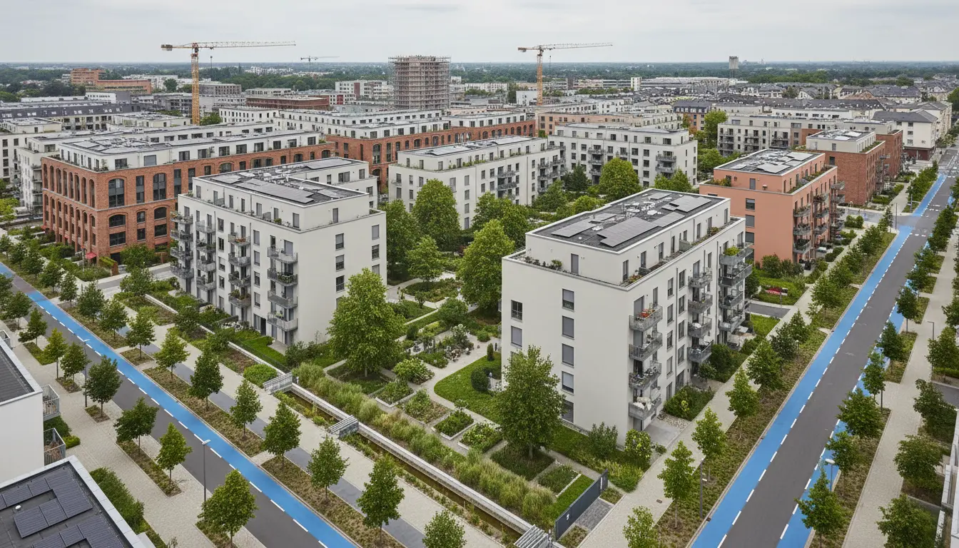 Moderne Wohnanlagen mit Grünflächen, Radwegen und Baukränen.