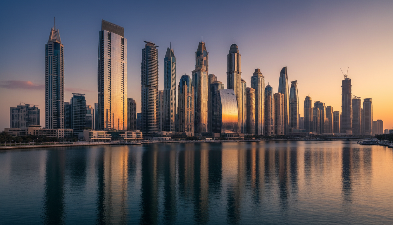 Moderne Hochhaus-Skyline spiegelt sich im Wasser bei Sonnenuntergang.