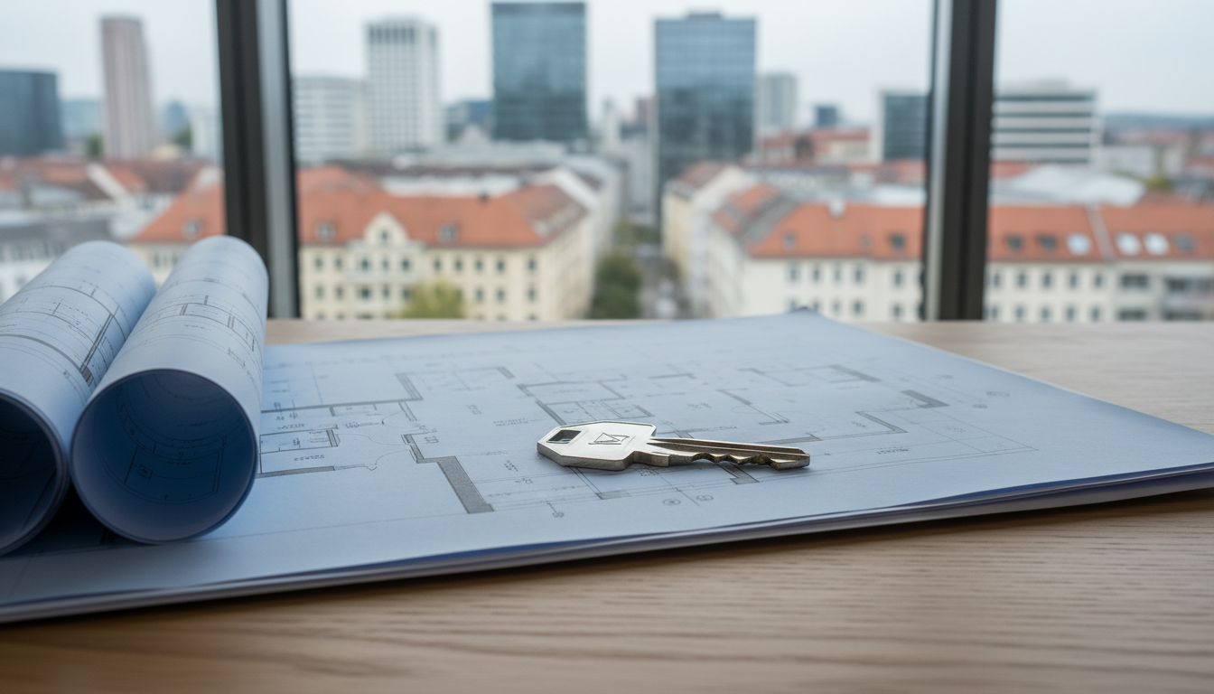 Schlüssel liegt auf Bauplänen, Stadtlandschaft im Hintergrund.
