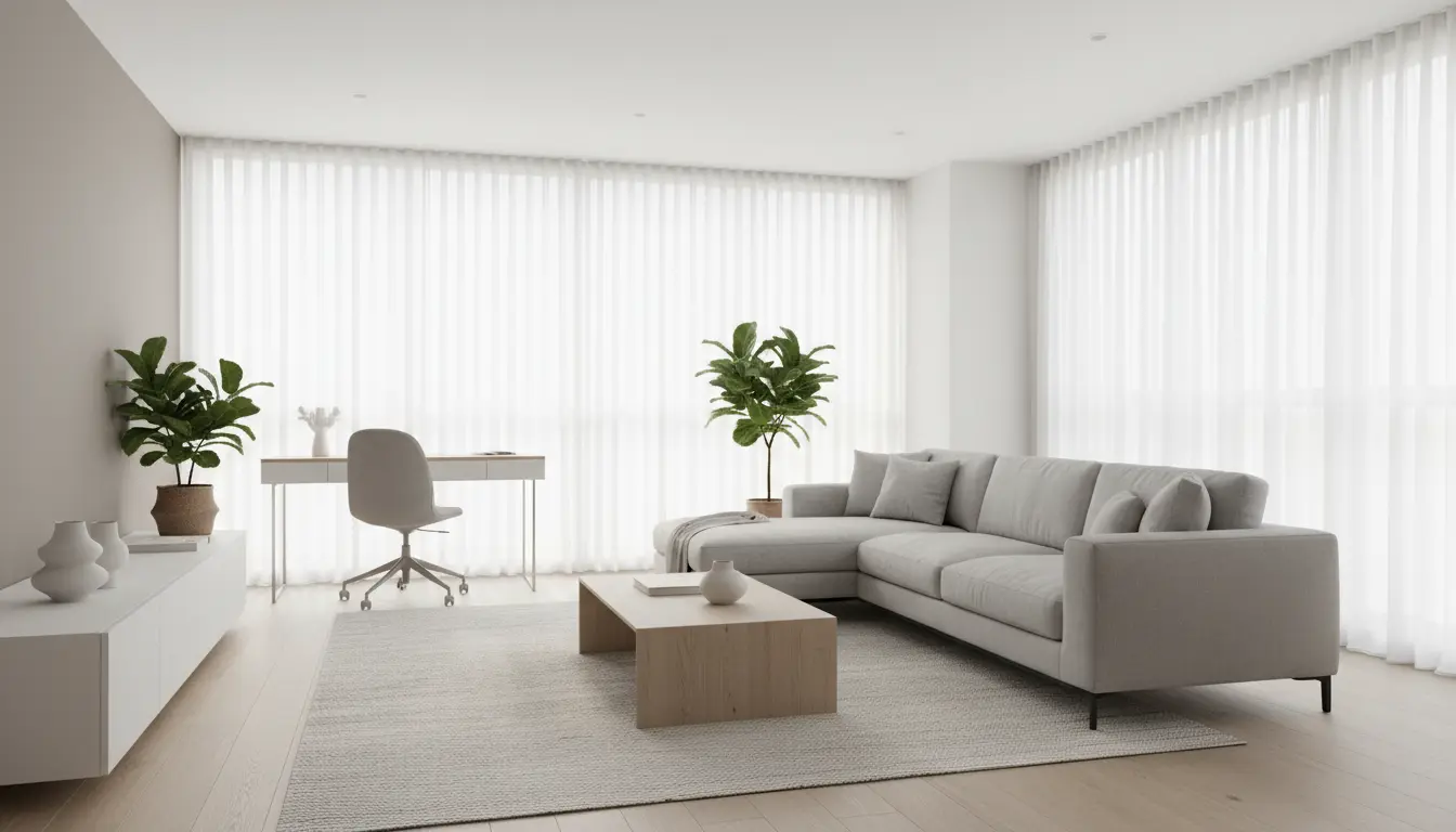 Helles, modernes Wohnzimmer mit Sofa, Schreibtisch und Pflanzen.