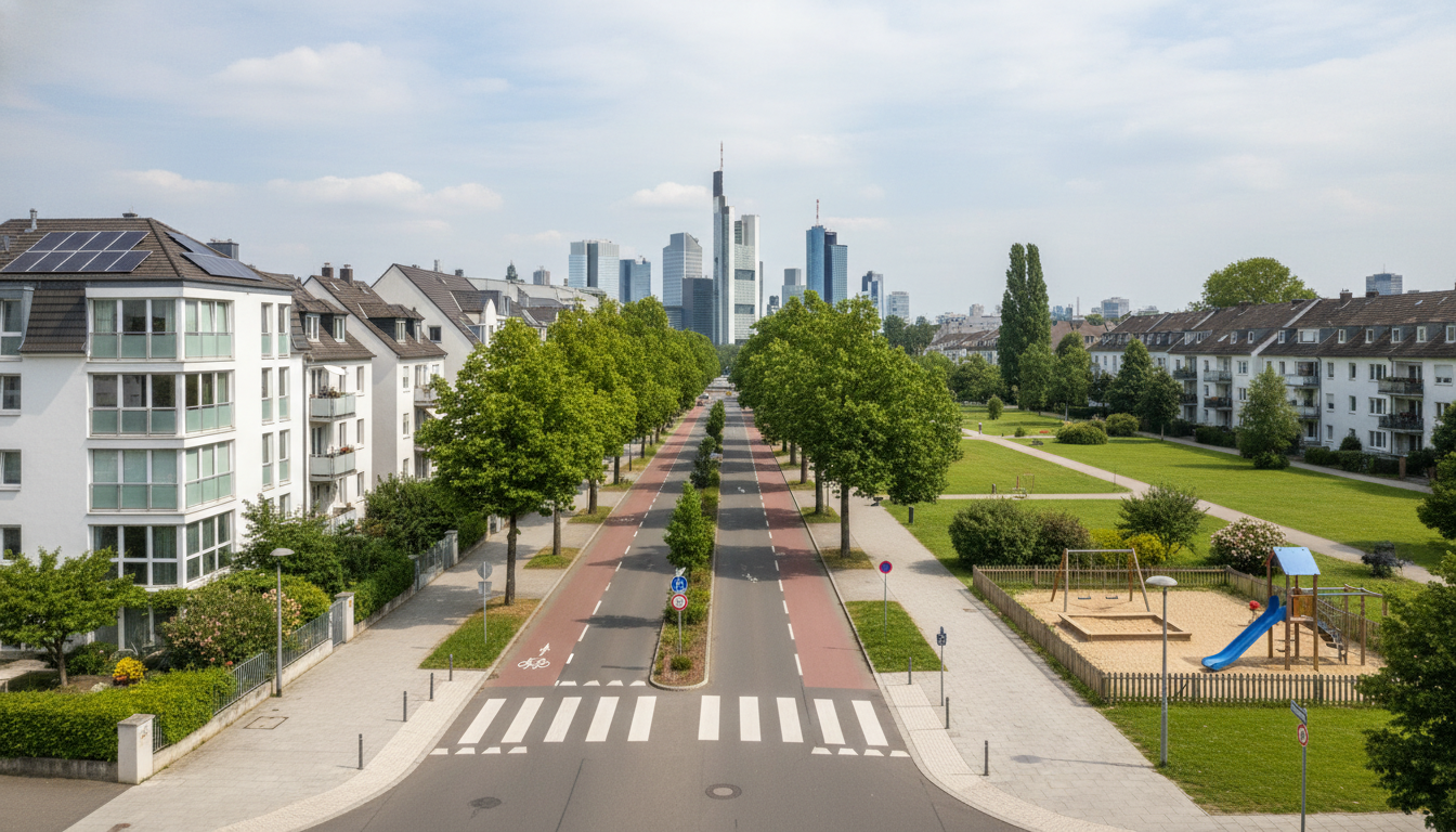 Gerade Straße mit Bäumen, Radweg und Spielplatz