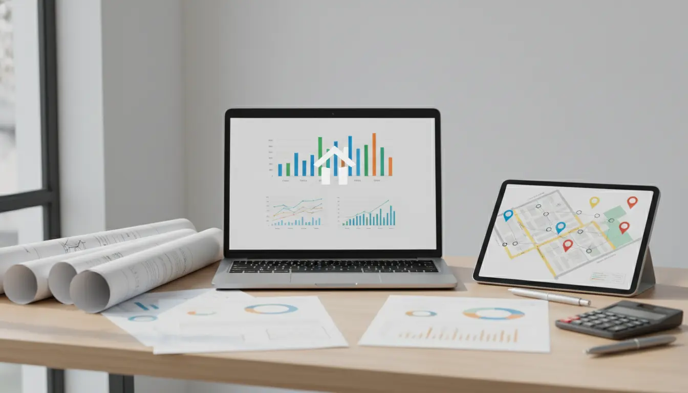 Arbeitsplatz mit Laptop, Tablet, Blaupausen und Diagrammen.