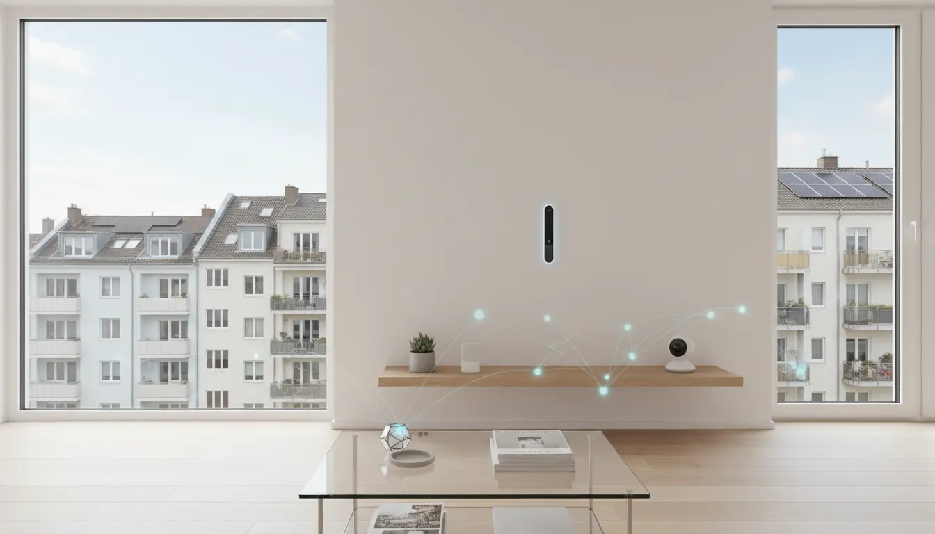 Heller moderner Wohnbereich mit großen Fenstern und Wandkamera