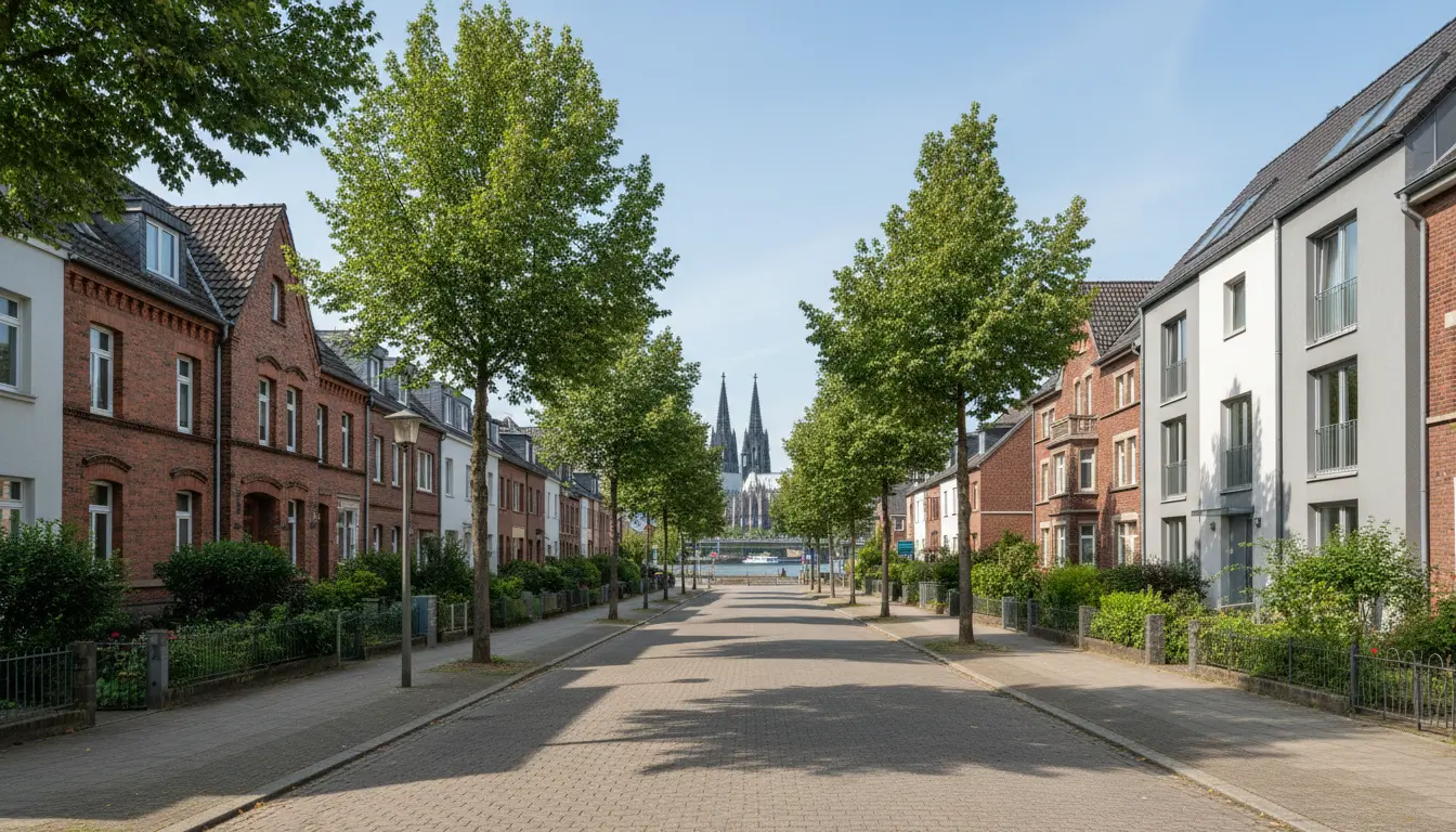 Straße mit Bäumen, Wohnhäusern, Blick zum Dom.