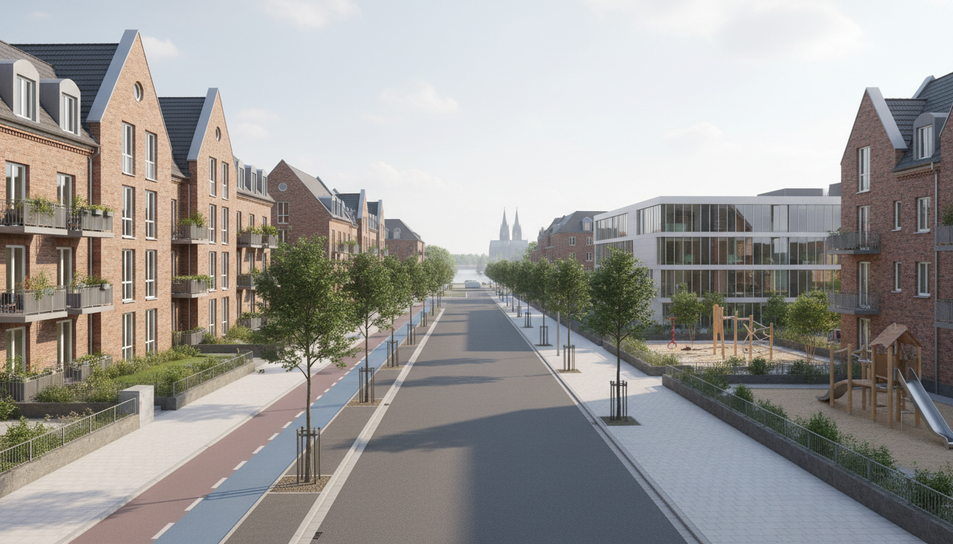 Straßenansicht mit Backsteinreihenhäusern, Bäumen und Spielplatz.