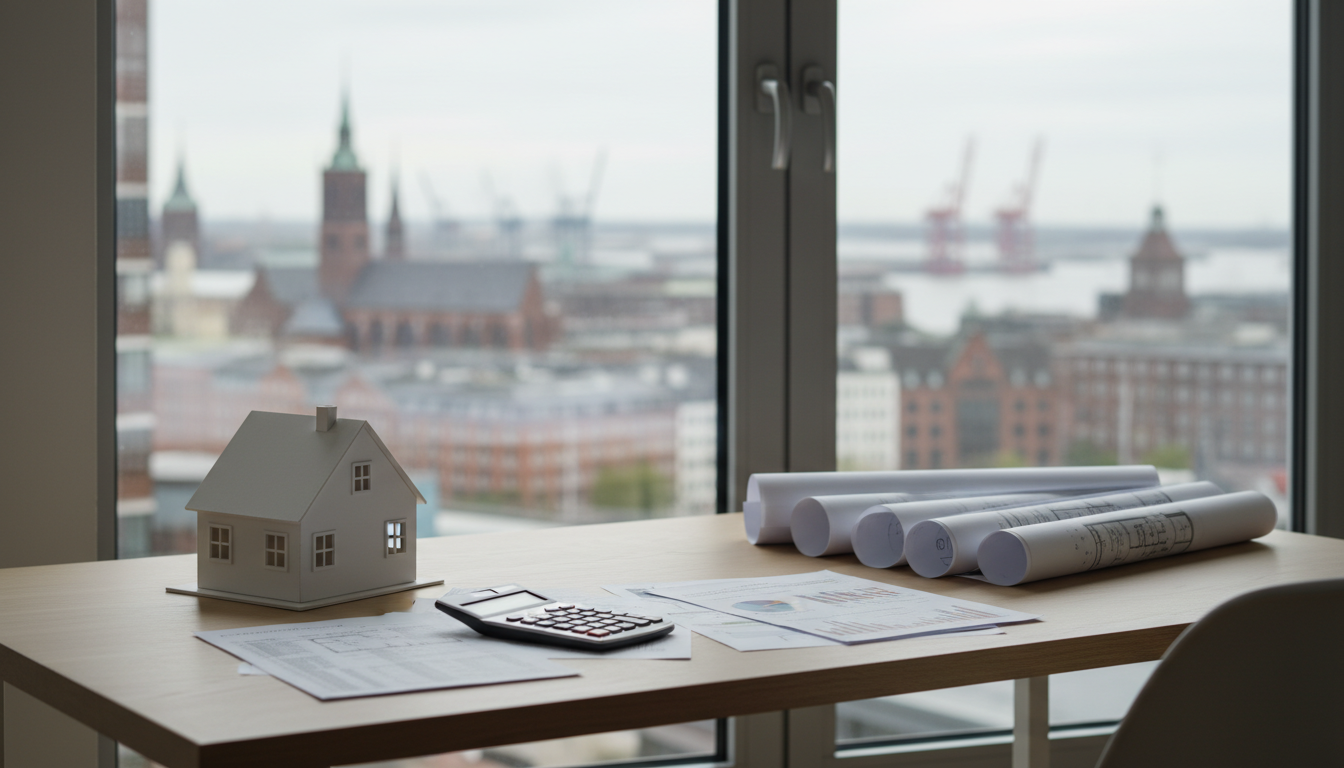 Modellhaus, Baupläne und Taschenrechner auf Schreibtisch