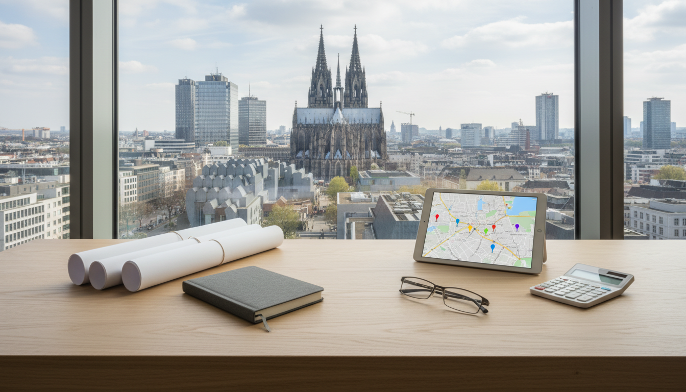 Arbeitsplatz mit Karten-Tablet, Notizbuch, Brille und Blick auf den Kölner Dom.