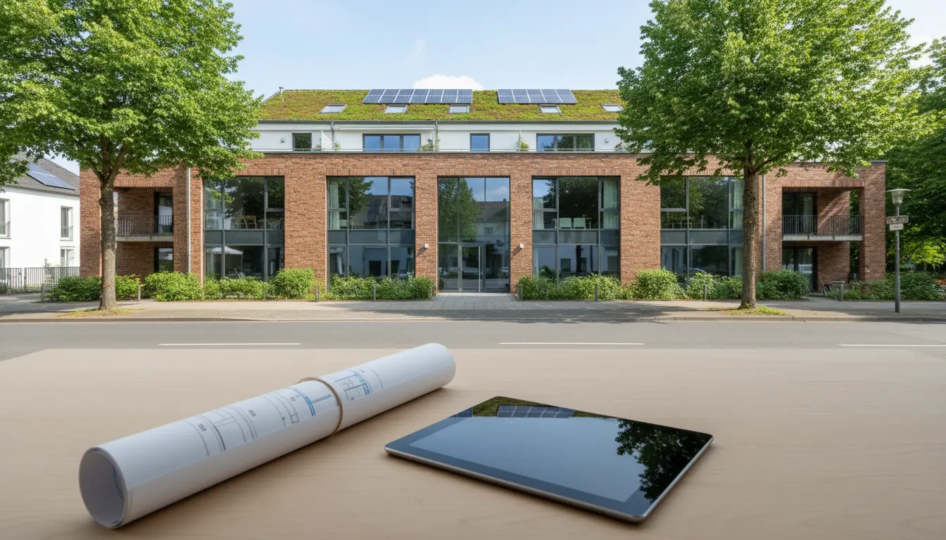 Modernes Backstein-Bürogebäude mit Solarpanelen, Straßenszene.