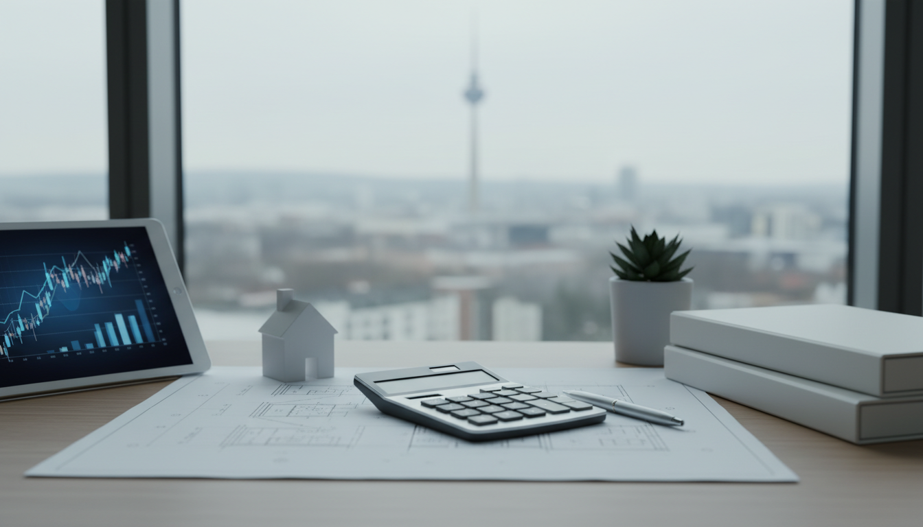 Schreibtisch mit Bauplänen, Taschenrechner, Hausmodell und Pflanze.