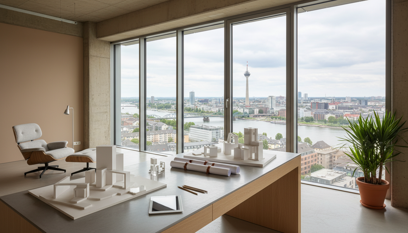 Architekturmodelle auf dem Schreibtisch mit Blick auf die Stadt