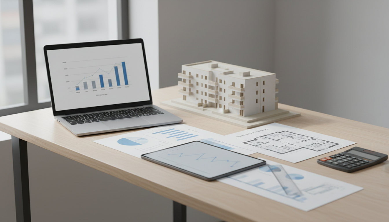 Schreibtisch mit Laptop, Architekturmodell und Unterlagen.